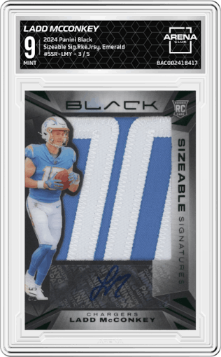 Ladd McConkey from the 2024 Panini Black set featuring a Emerald  parallel graded by Arena Club and given an overall grade of 9.