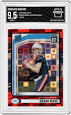 Drake Maye from the 2024 Donruss set featuring a Red Pandora parallel graded by Arena Club and given an overall grade of 9.5.