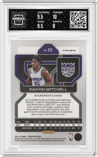 Davion Mitchell from the 2021-22 Panini Prizm  set featuring a Red/White/Blue Prizm parallel graded by Arena Club and given an overall grade of 8.5.