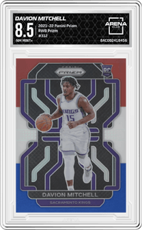 Davion Mitchell from the 2021-22 Panini Prizm  set featuring a Red/White/Blue Prizm parallel graded by Arena Club and given an overall grade of 8.5.