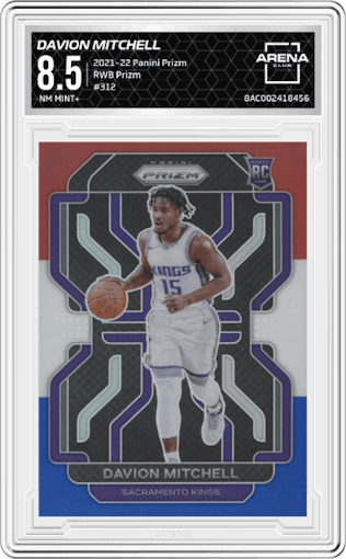 Davion Mitchell from the 2021-22 Panini Prizm  set featuring a Red/White/Blue Prizm parallel graded by Arena Club and given an overall grade of 8.5.