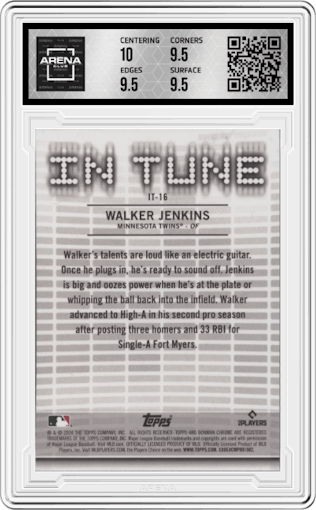 Walker Jenkins from the 2024 Bowman Draft set graded by Arena Club and given an overall grade of 10.