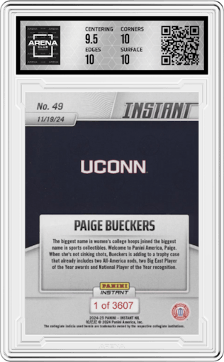Paige Bueckers from the 2024 Panini Instant NIL set graded by Arena Club and given an overall grade of 10.