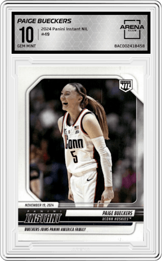 Paige Bueckers from the 2024 Panini Instant NIL set graded by Arena Club and given an overall grade of 10.