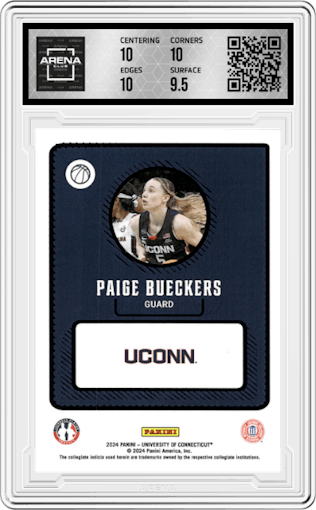 Paige Bueckers from the 2024 Panini NIL set graded by Arena Club and given an overall grade of 10.
