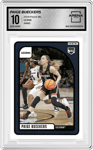 Paige Bueckers from the 2024 Panini NIL set graded by Arena Club and given an overall grade of 10.