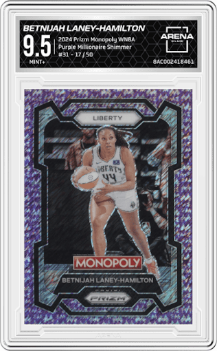 Betnijah Laney-Hamilton from the 2024 Panini Prizm Monopoly WNBA set featuring a Purple Millionaire Shimmer parallel graded by Arena Club and given an overall grade of 9.5.