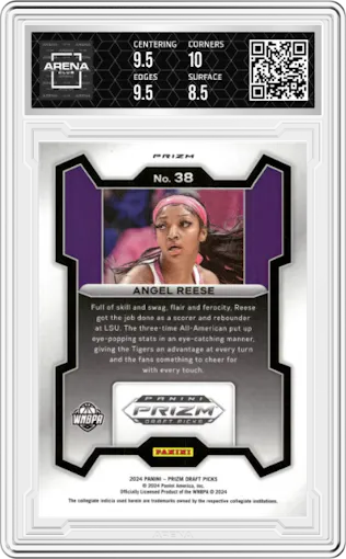 Angel Reese from the 2024 Panini Prizm Draft Picks set featuring a Red Ice parallel graded by Arena Club and given an overall grade of 9.