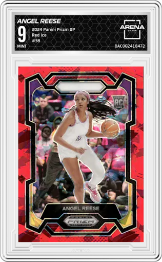 Angel Reese from the 2024 Panini Prizm Draft Picks set featuring a Red Ice parallel graded by Arena Club and given an overall grade of 9.