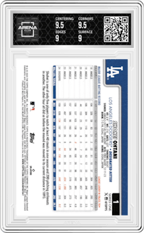 Shohei Ohtani from the 2025 Topps set featuring a Topps Foil parallel graded by Arena Club and given an overall grade of 9.5.