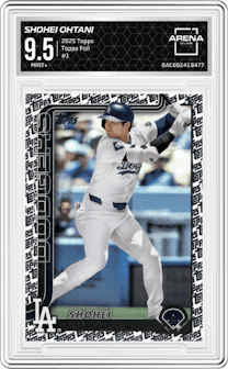Shohei Ohtani from the 2025 Topps set featuring a Topps Foil parallel graded by Arena Club and given an overall grade of 9.5.