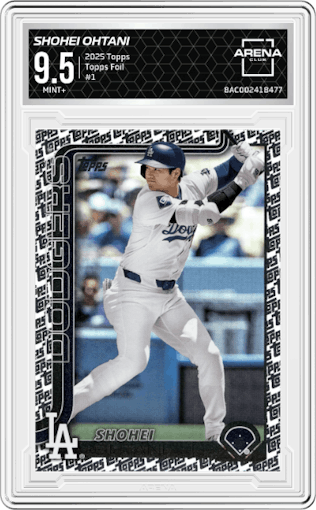 Shohei Ohtani from the 2025 Topps set featuring a Topps Foil parallel graded by Arena Club and given an overall grade of 9.5.