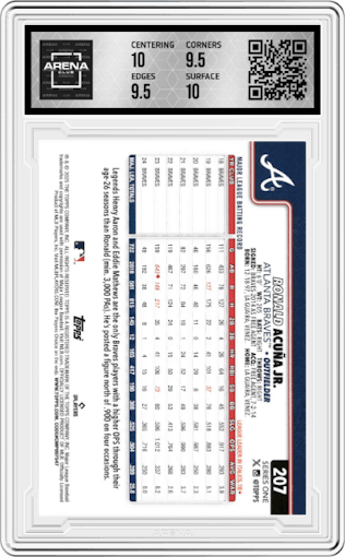 Ronald Acuna Jr. from the 2025 Topps set graded by Arena Club and given an overall grade of 10.