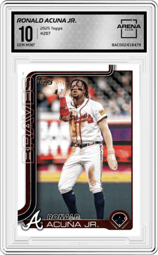 Ronald Acuna Jr. from the 2025 Topps set graded by Arena Club and given an overall grade of 10.
