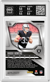 Brock Bowers from the 2024 Panini Prizm set featuring a Neon Green Pulsar  parallel graded by Arena Club and given an overall grade of 9.