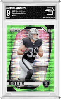 Brock Bowers from the 2024 Panini Prizm set featuring a Neon Green Pulsar  parallel graded by Arena Club and given an overall grade of 9.