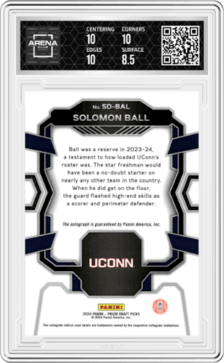 Solomon Ball  from the 2024 Panini Prizm Draft Picks set graded by Arena Club and given an overall grade of 9.
