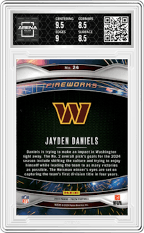 Jayden Daniels from the 2024 Panini Prizm set graded by Arena Club and given an overall grade of 9.