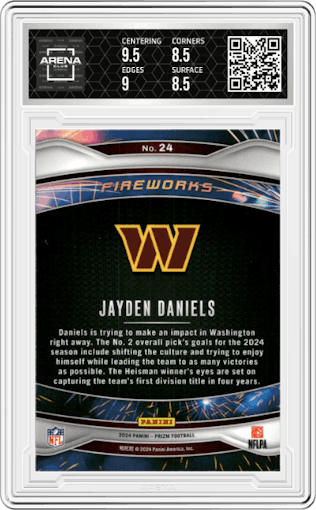 Jayden Daniels from the 2024 Panini Prizm set graded by Arena Club and given an overall grade of 9.