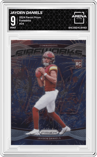 Jayden Daniels from the 2024 Panini Prizm set graded by Arena Club and given an overall grade of 9.