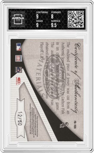 Carlton Fisk from the 2004 Leaf Certified Materials set featuring a Reward parallel graded by Arena Club and given an overall grade of 8.5.