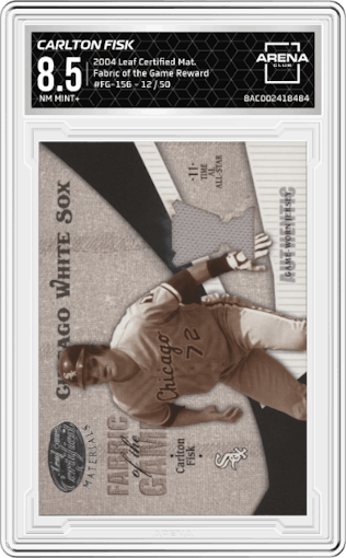 Carlton Fisk from the 2004 Leaf Certified Materials set featuring a Reward parallel graded by Arena Club and given an overall grade of 8.5.