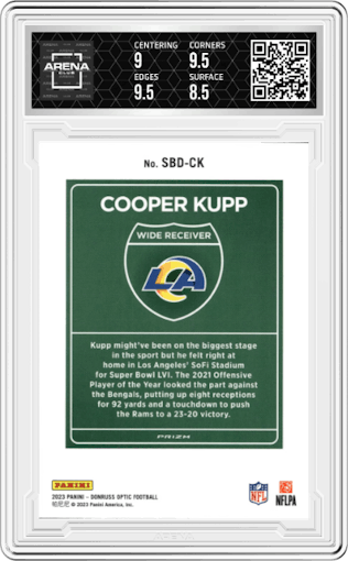 Cooper Kupp from the 2023 Donruss Optic set graded by Arena Club and given an overall grade of 9.