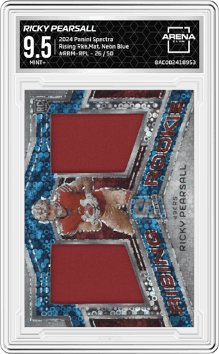 Ricky Pearsall from the 2024 Panini Spectra set featuring a Neon Blue  parallel graded by Arena Club and given an overall grade of 9.5.