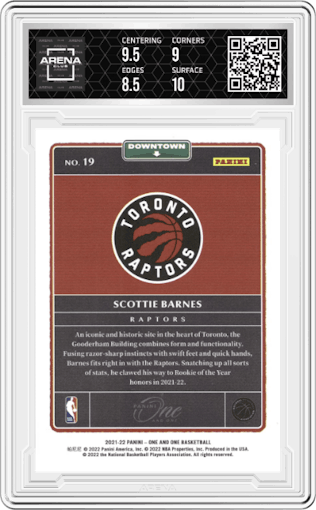 Scottie Barnes from the 2021-22 Panini One and One set graded by Arena Club and given an overall grade of 9.