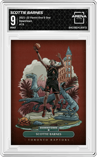 Scottie Barnes from the 2021-22 Panini One and One set graded by Arena Club and given an overall grade of 9.