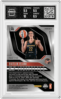 Caitlin Clark from the 2024 Panini Prizm WNBA set featuring a Red Pulsar Prizm parallel graded by Arena Club and given an overall grade of 9.