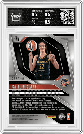 Caitlin Clark from the 2024 Panini Prizm WNBA set featuring a Red Pulsar Prizm parallel graded by Arena Club and given an overall grade of 9.