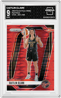 Caitlin Clark from the 2024 Panini Prizm WNBA set featuring a Red Pulsar Prizm parallel graded by Arena Club and given an overall grade of 9.