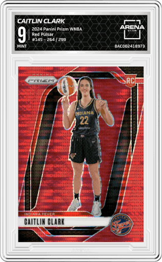 Caitlin Clark from the 2024 Panini Prizm WNBA set featuring a Red Pulsar Prizm parallel graded by Arena Club and given an overall grade of 9.