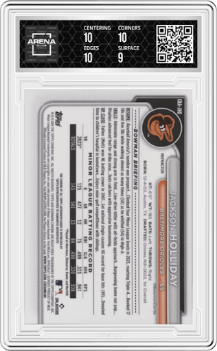 Jackson Holliday from the 2024 Bowman Chrome set featuring a Refractor parallel graded by Arena Club and given an overall grade of 9.5.