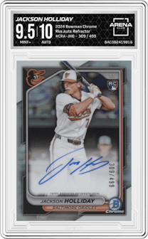 Jackson Holliday from the 2024 Bowman Chrome set featuring a Refractor parallel graded by Arena Club and given an overall grade of 9.5.