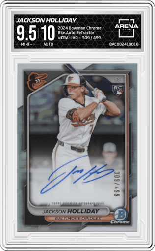 Jackson Holliday from the 2024 Bowman Chrome set featuring a Refractor parallel graded by Arena Club and given an overall grade of 9.5.