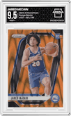 Jared McCain from the 2024-25 Panini Prizm set featuring a Orange Seismic parallel graded by Arena Club and given an overall grade of 9.5.