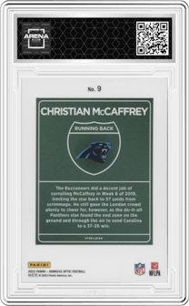 Christian McCaffrey from the 2023 Donruss Optic set graded by Arena Club and given an overall grade of 0.