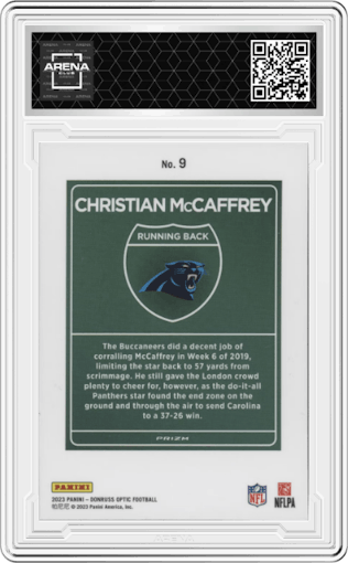 Christian McCaffrey from the 2023 Donruss Optic set graded by Arena Club.