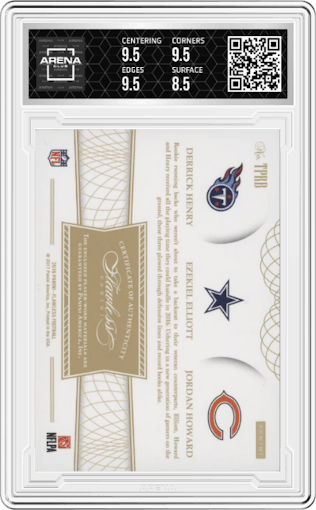 Derrick Henry/Ezekiel Elliott/Jordan Howard from the 2016 Panini Flawless set graded by Arena Club and given an overall grade of 9.