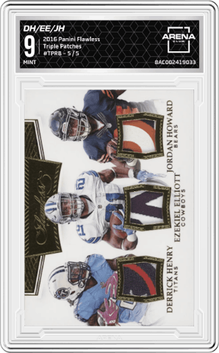 Derrick Henry/Ezekiel Elliott/Jordan Howard from the 2016 Panini Flawless set graded by Arena Club and given an overall grade of 9.