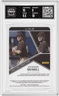 Jackson Merrill from the 2022 Panini Three & Two set featuring a Full Count parallel graded by Arena Club and given an overall grade of 9.5.