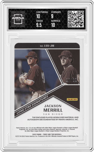 Jackson Merrill from the 2022 Panini Three & Two set featuring a Full Count parallel graded by Arena Club and given an overall grade of 9.5.