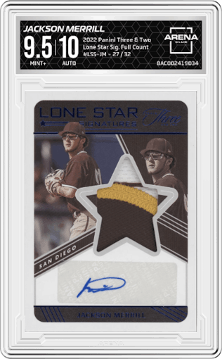 Jackson Merrill from the 2022 Panini Three & Two set featuring a Full Count parallel graded by Arena Club and given an overall grade of 9.5.