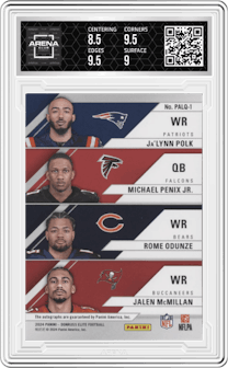 Ja'Lynn Polk/Michael Penix Jr./Rome Odunze/Jalen McMillan from the 2024 Panini Donruss Elite set graded by Arena Club and given an overall grade of 9.