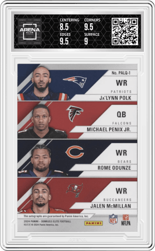 Ja'Lynn Polk/Michael Penix Jr./Rome Odunze/Jalen McMillan from the 2024 Panini Donruss Elite set graded by Arena Club and given an overall grade of 9.