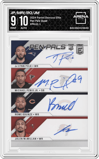 Ja'Lynn Polk/Michael Penix Jr./Rome Odunze/Jalen McMillan from the 2024 Panini Donruss Elite set graded by Arena Club and given an overall grade of 9.