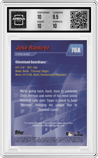Jose Ramirez from the 2024 Topps x Chris Berman: Boomer's Baseball set featuring a Black parallel graded by Arena Club and given an overall grade of 10.