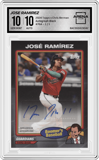 Jose Ramirez from the 2024 Topps x Chris Berman: Boomer's Baseball set featuring a Black parallel graded by Arena Club and given an overall grade of 10.